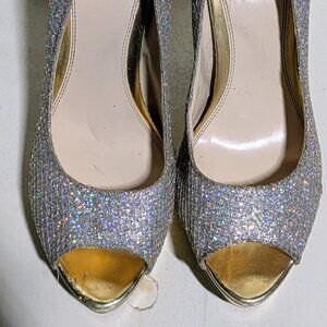 Metallic Silver Sparkle w Gold | Woman Size 10 | Platform Heels | Enzo Angiolini
